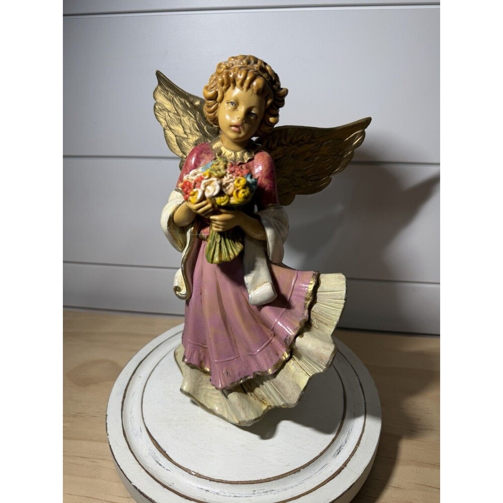 Vintage Resin Painted Italy Depose Angel Flower Bouquet (Fontanini Style) MCM